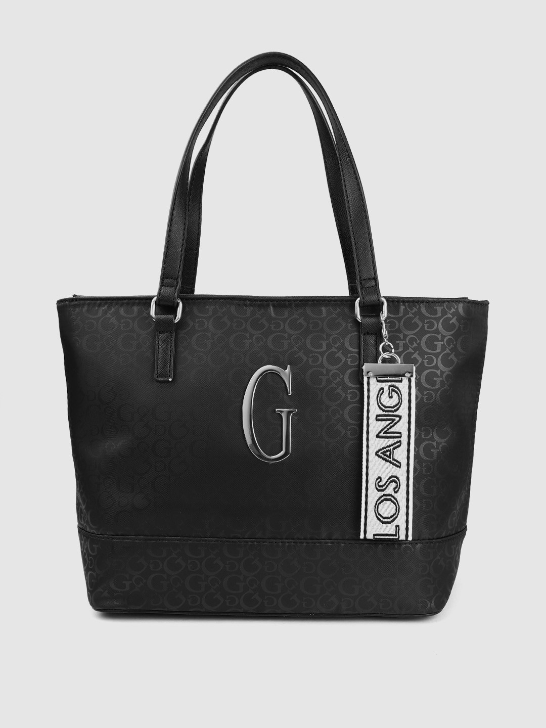 

GUESS Black Brand Logo Printed Structured Shoulder Bag with Tab