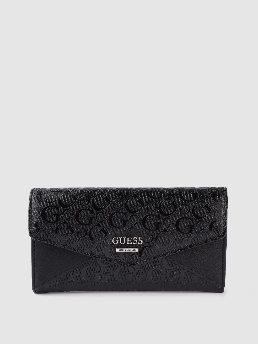 

GUESS Women Black Brand Logo Textured PU Three Fold Wallet