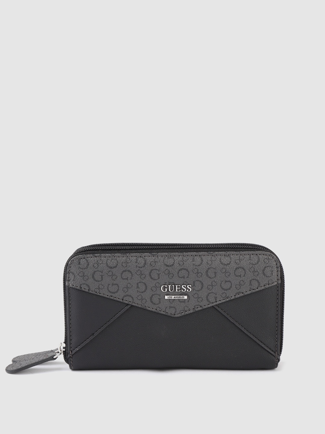 

GUESS Women Black & Charcoal Typography Printed Zip Around Wallet