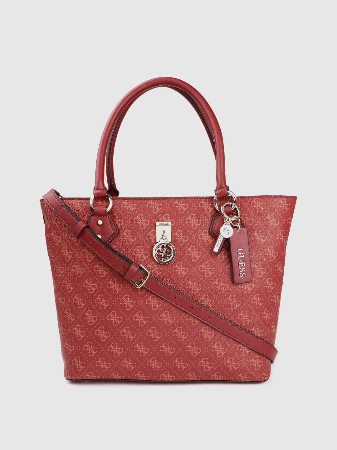 

GUESS Red & Orange Brand Logo Print Structured Handheld Bag