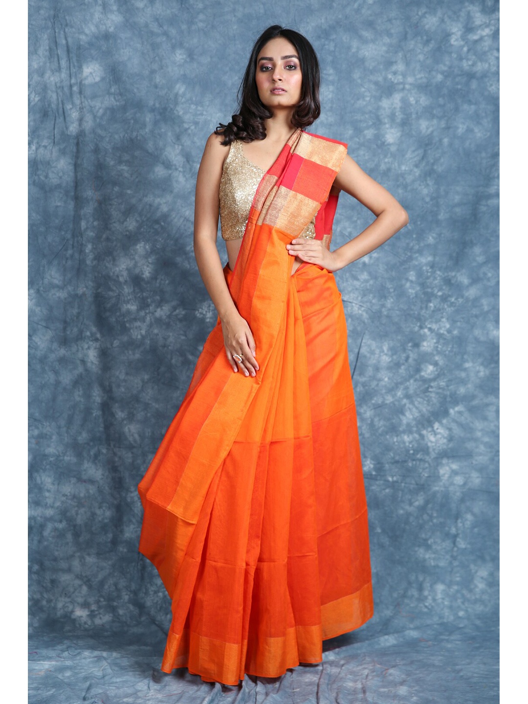 

Arhi Orange & Gold-Toned Cotton Blend Striped Saree