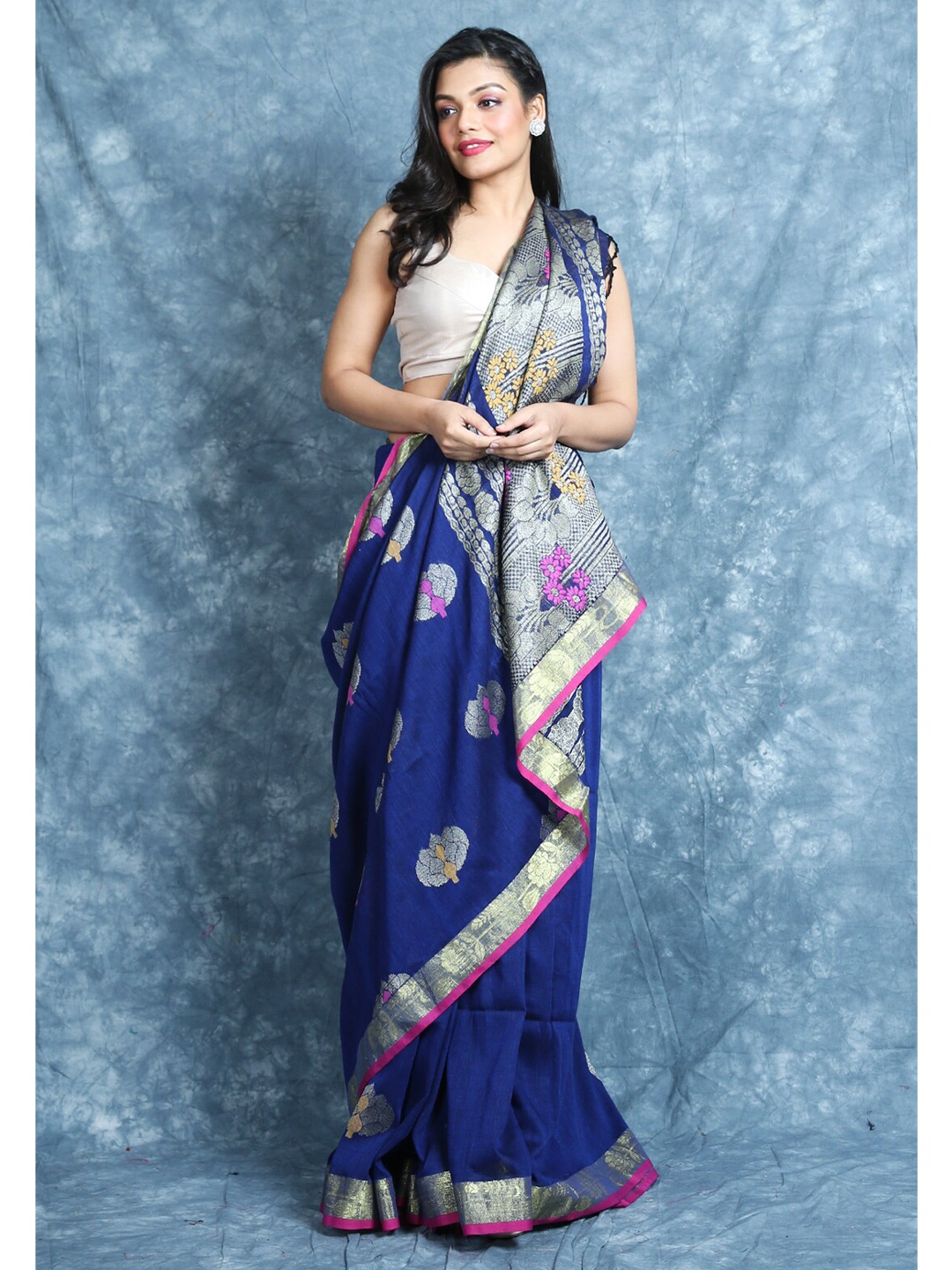 

Arhi Blue & Silver-Toned Ethnic Motifs Zari Pure Linen Saree