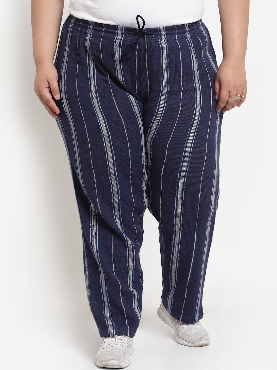 

plusS Women Plus Size Navy Blue Striped Cotton Straight-Fit Track Pant