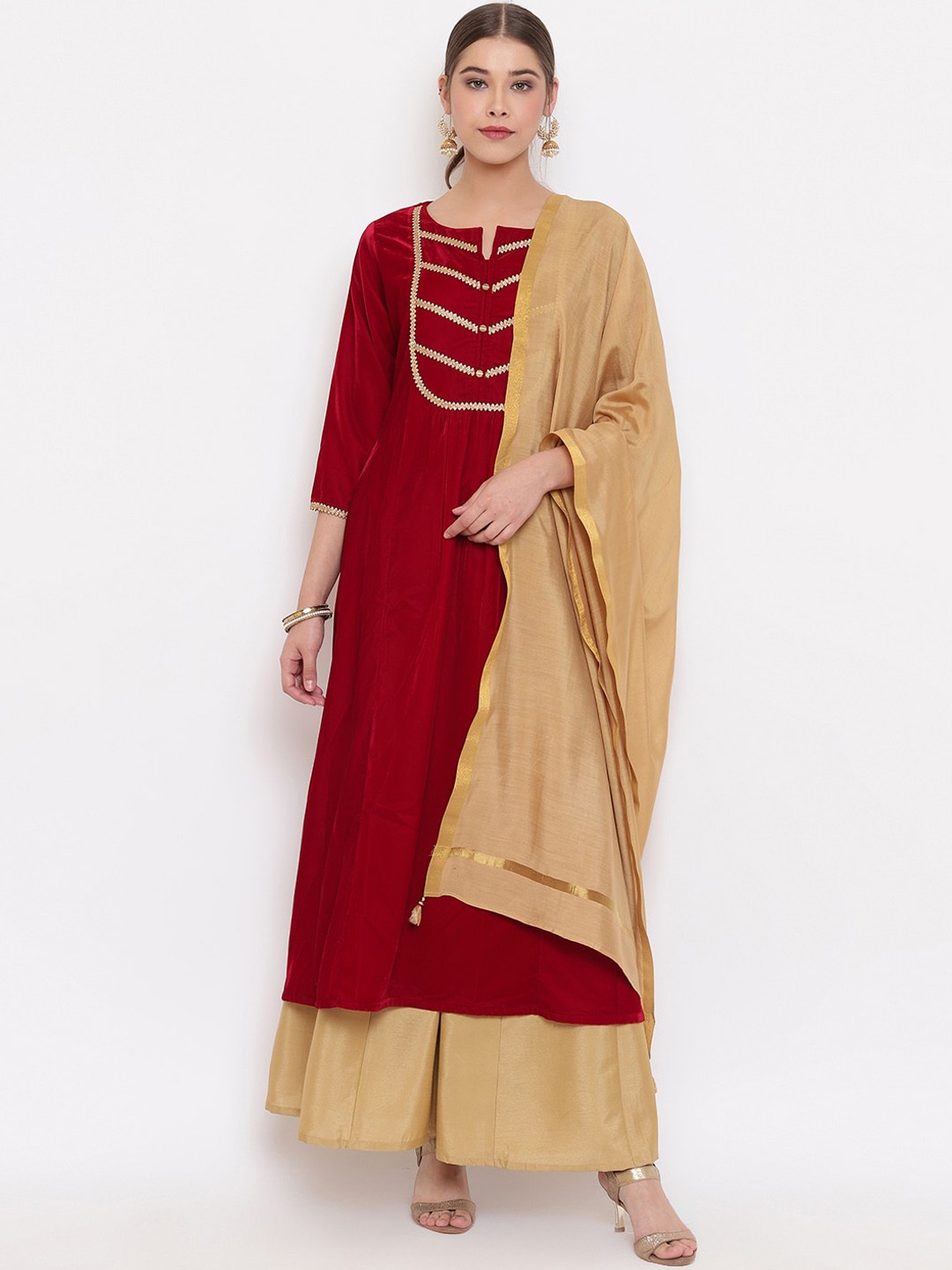 

Janasya Women Maroon Velvet Flared Kurta with Palazzo & Dupatta