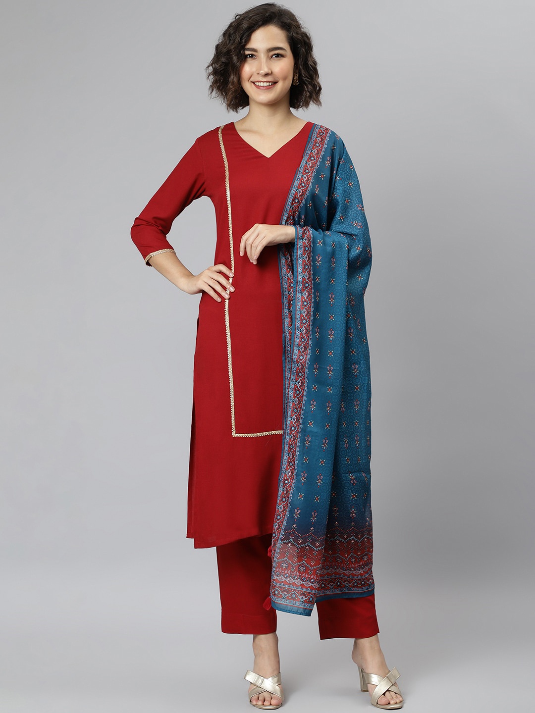 

Janasya Women Maroon Rayon Solid Kurta with Pant & Dupatta