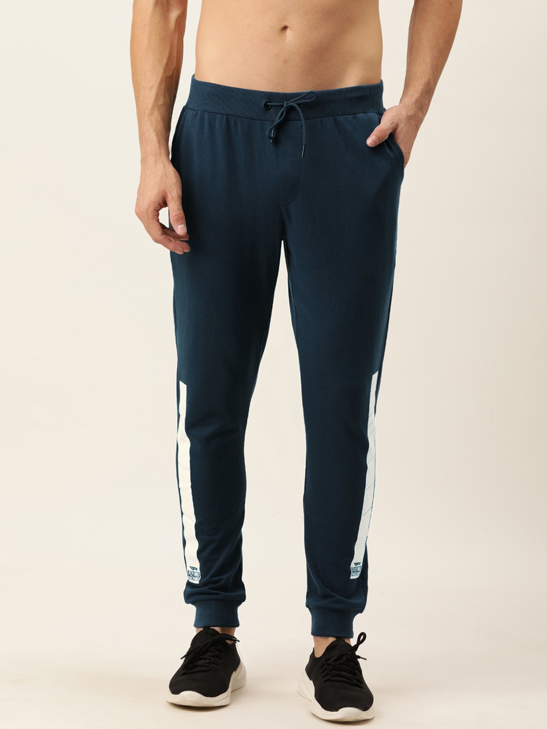 

Flying Machine Men Teal Blue Solid Joggers with Print Detailing