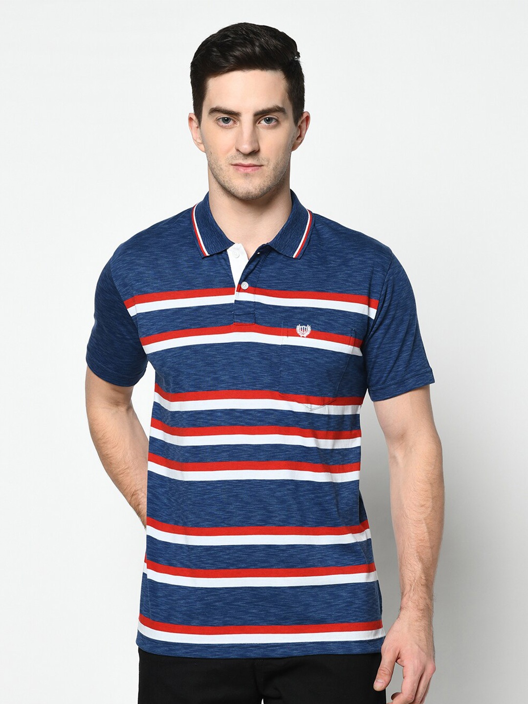 

Duke Men Navy Blue & Red Striped Polo Collar Cotton T-shirt