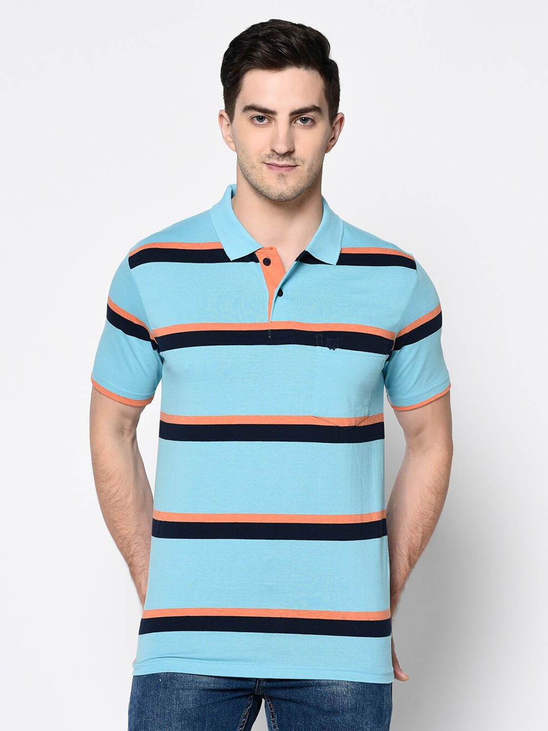

Duke Men Blue Striped Polo Collar T-shirt