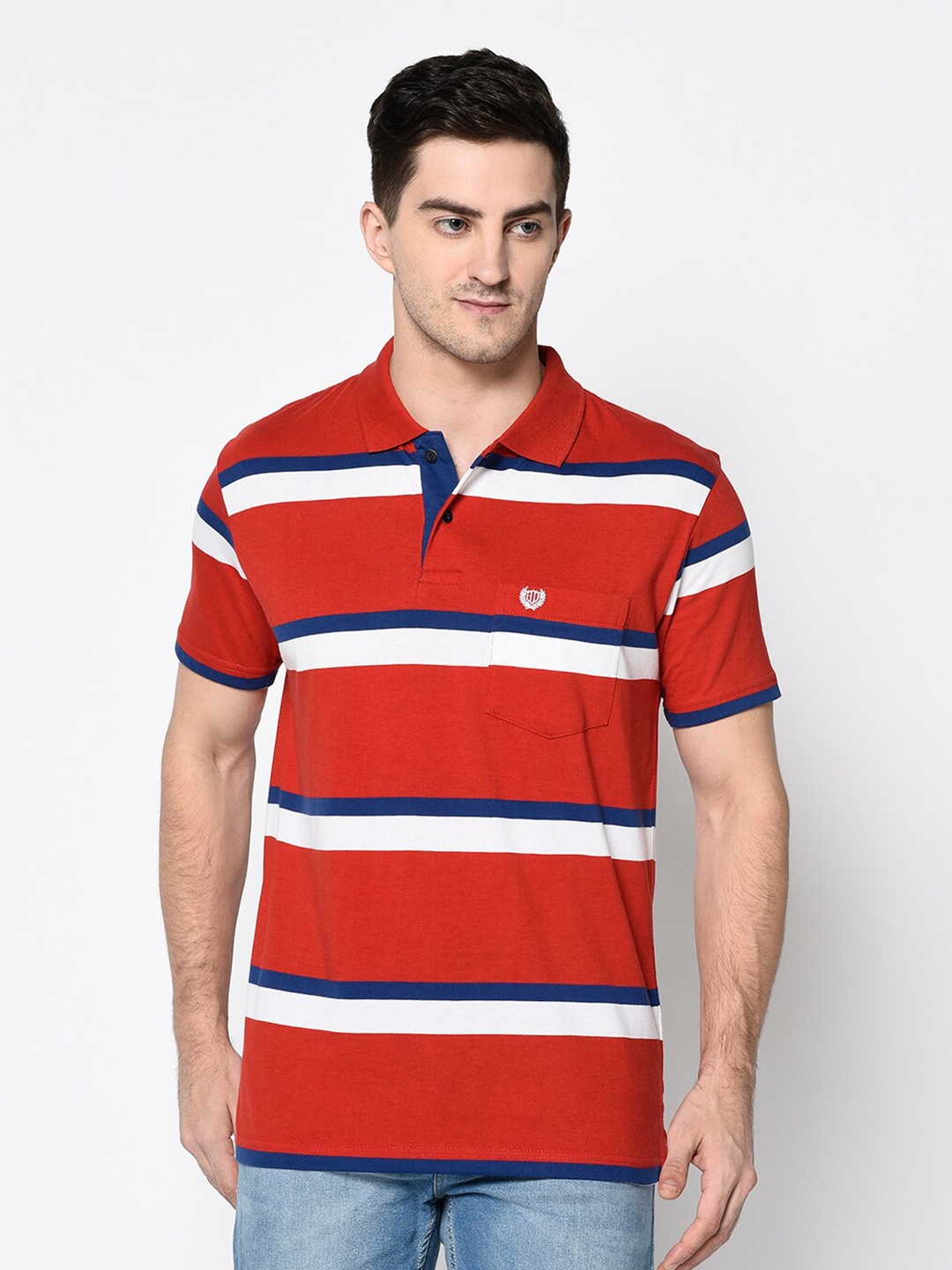 

Duke Men Red Striped Polo Collar T-shirt