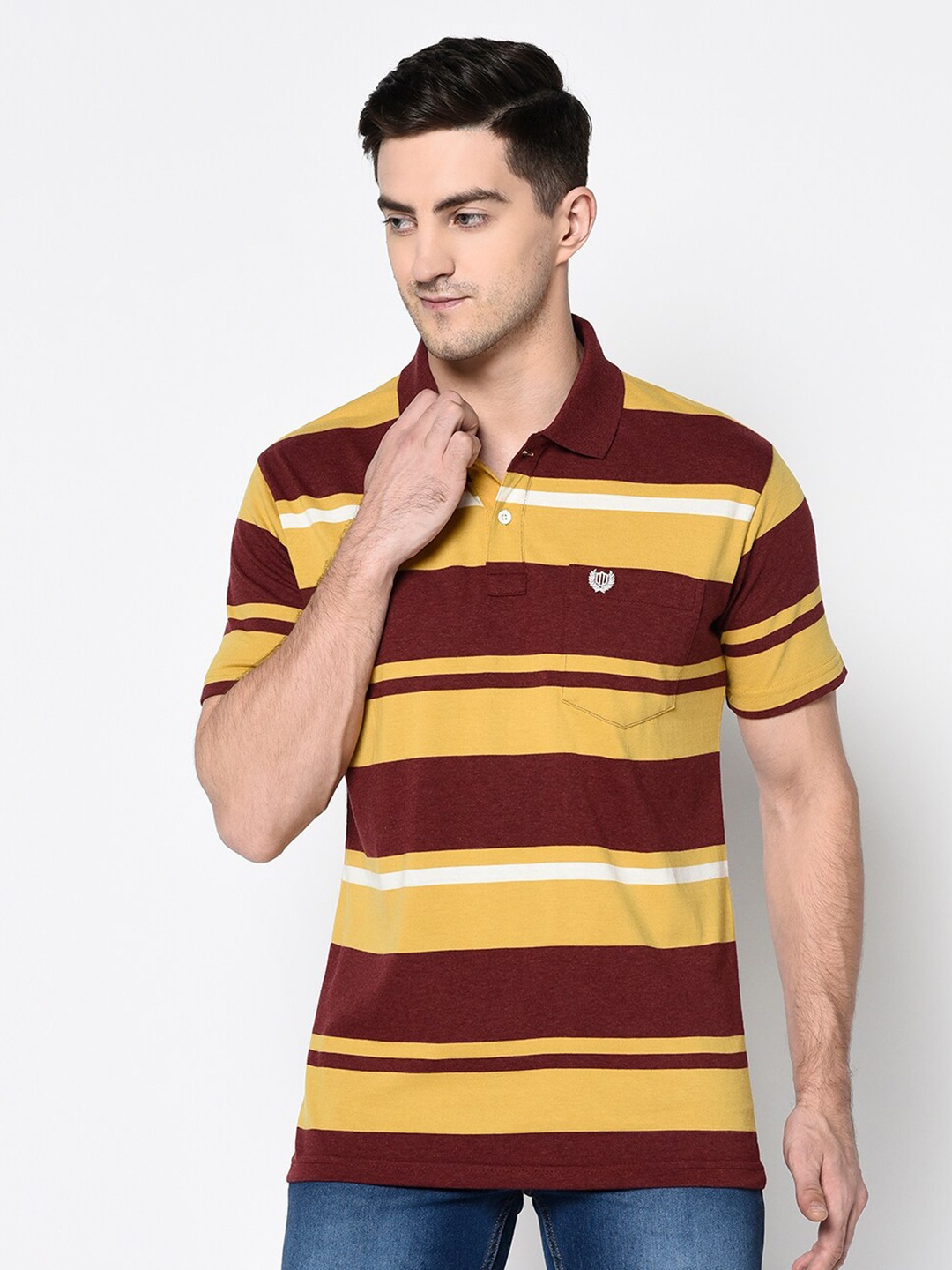 

Duke Men Maroon & Yellow Striped Cotton Polo Collar T-shirt