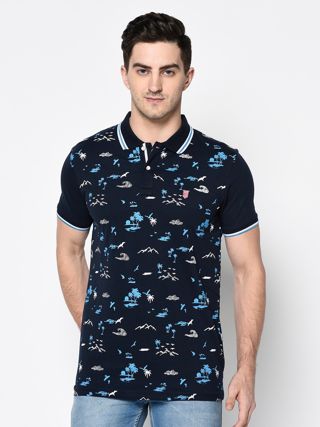 

Duke Men Navy Blue Tropical Printed Polo Collar Cotton Slim Fit T-shirt