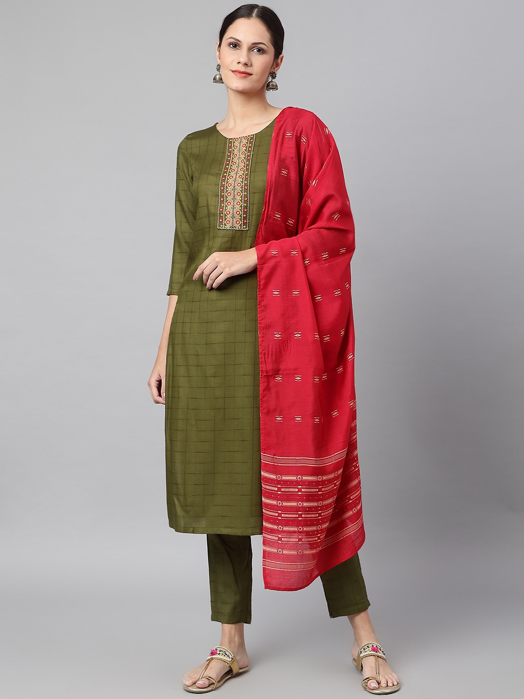 

Os Women Green Ethnic Motifs Layered Kurti with Trousers & With Dupatta