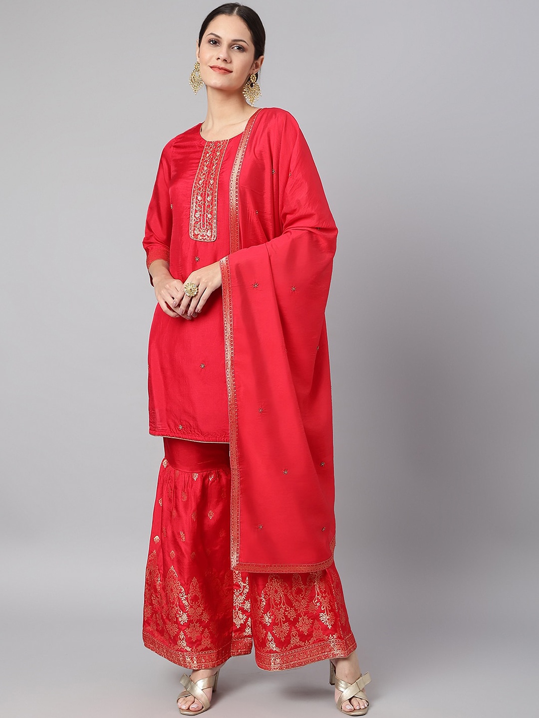 

Os Women Pink Ethnic Motifs Panelled Kurta with Sharara & With Dupatta