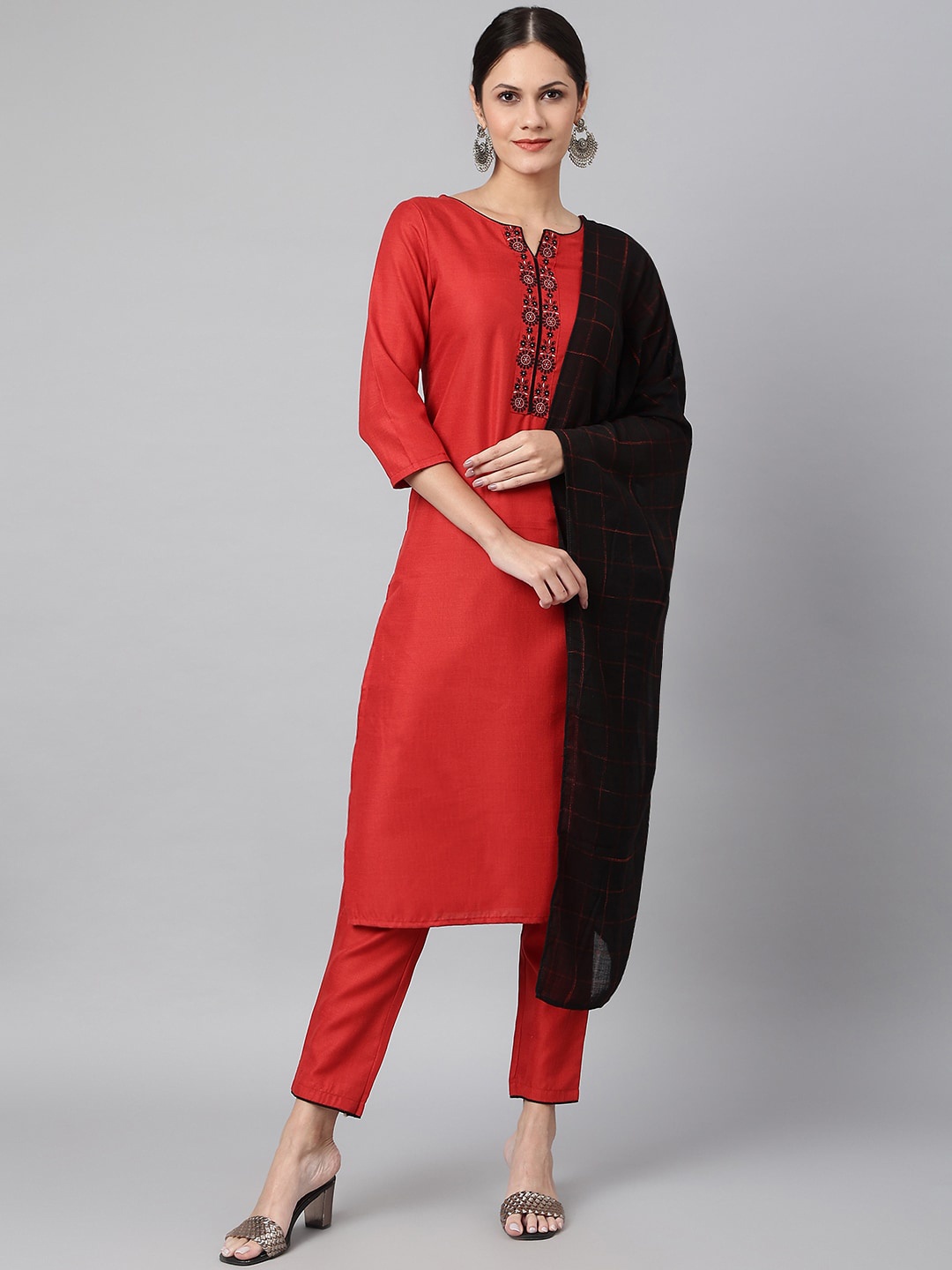

Os Women Red Panelled Kurti with Trousers & With Dupatta