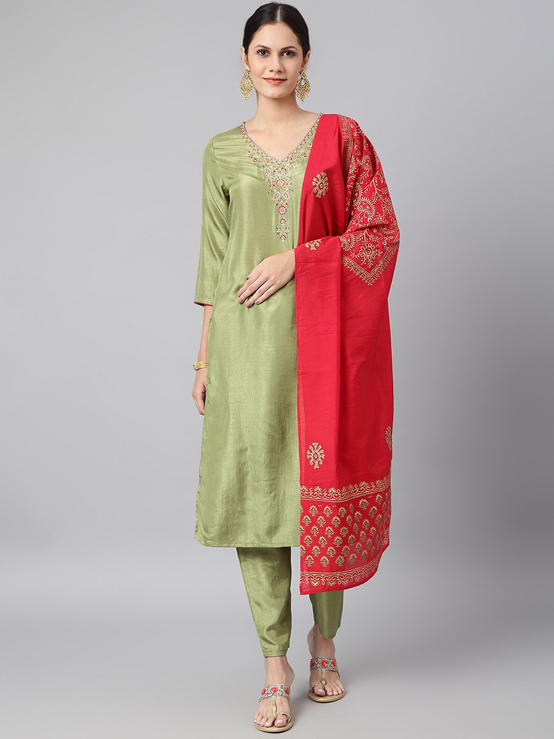 

Os Women Green Ethnic Motifs Striped Layered Kurti with Trousers & With Dupatta