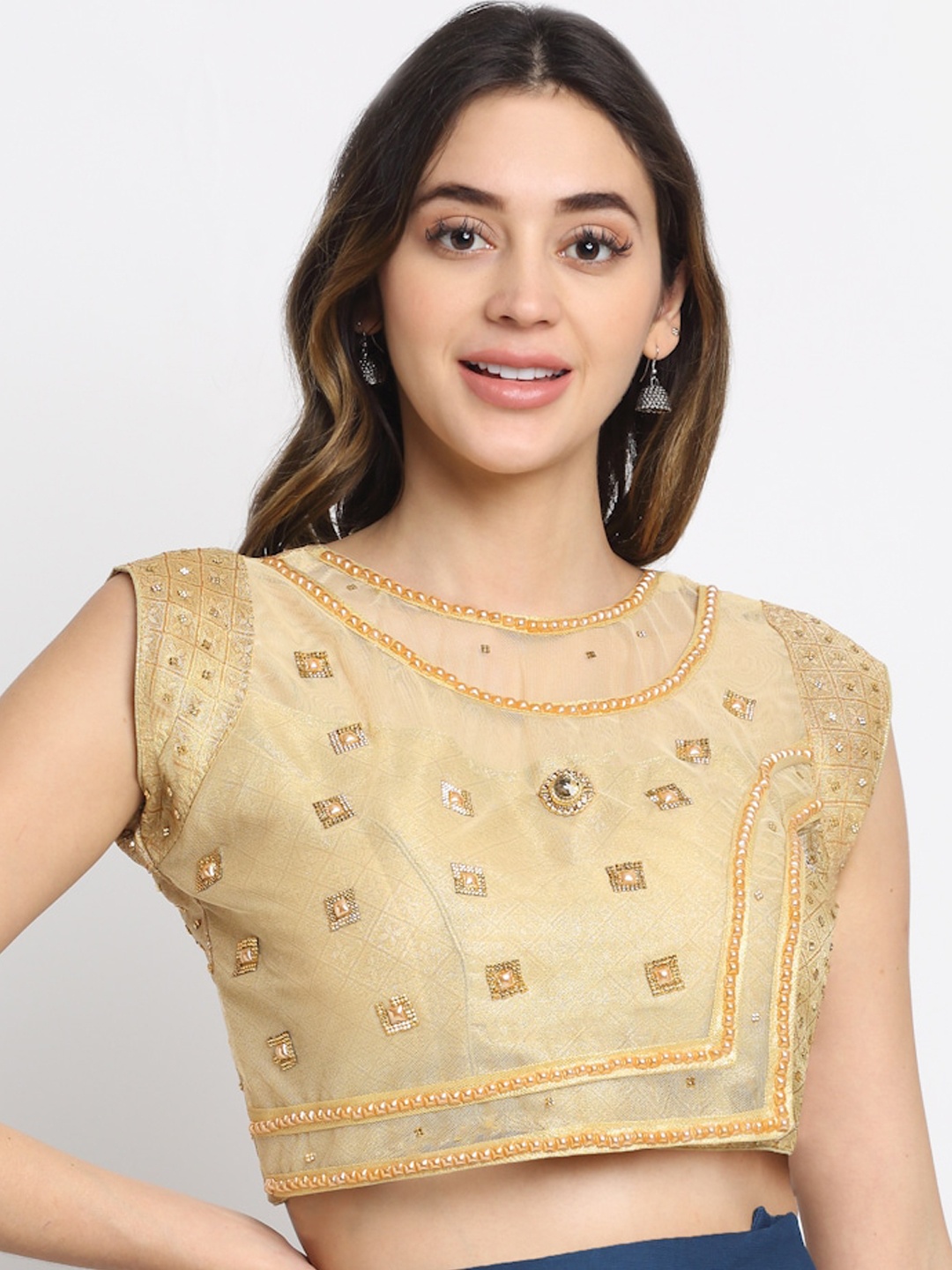 

Grancy Women Gold Coloured Embellished Silk Saree Blouse