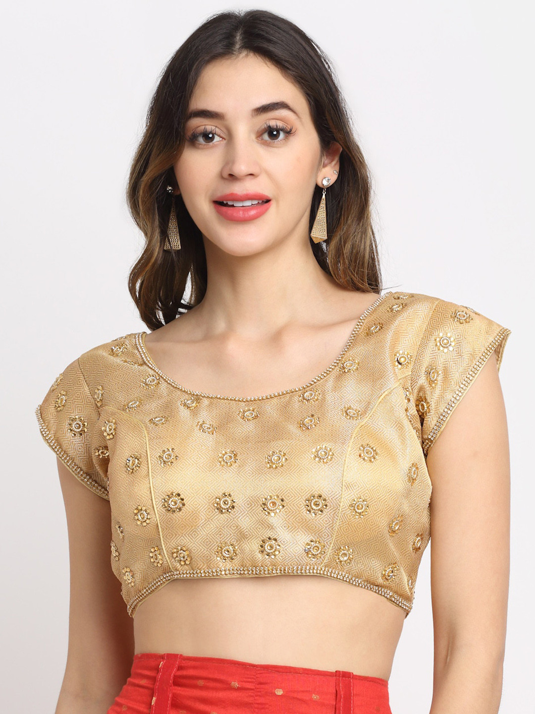 

Grancy Women Golden Embroidered Silk Saree Blouse, Gold