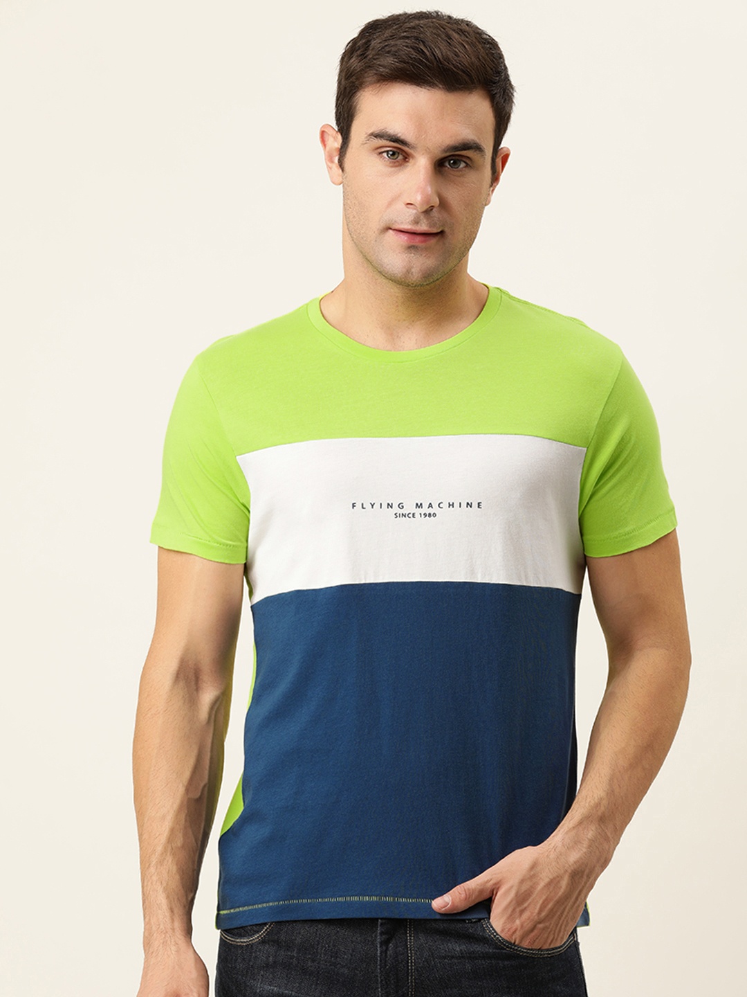 

Flying Machine Men Green & White Colourblocked Pure Cotton Slim Fit T-shirt