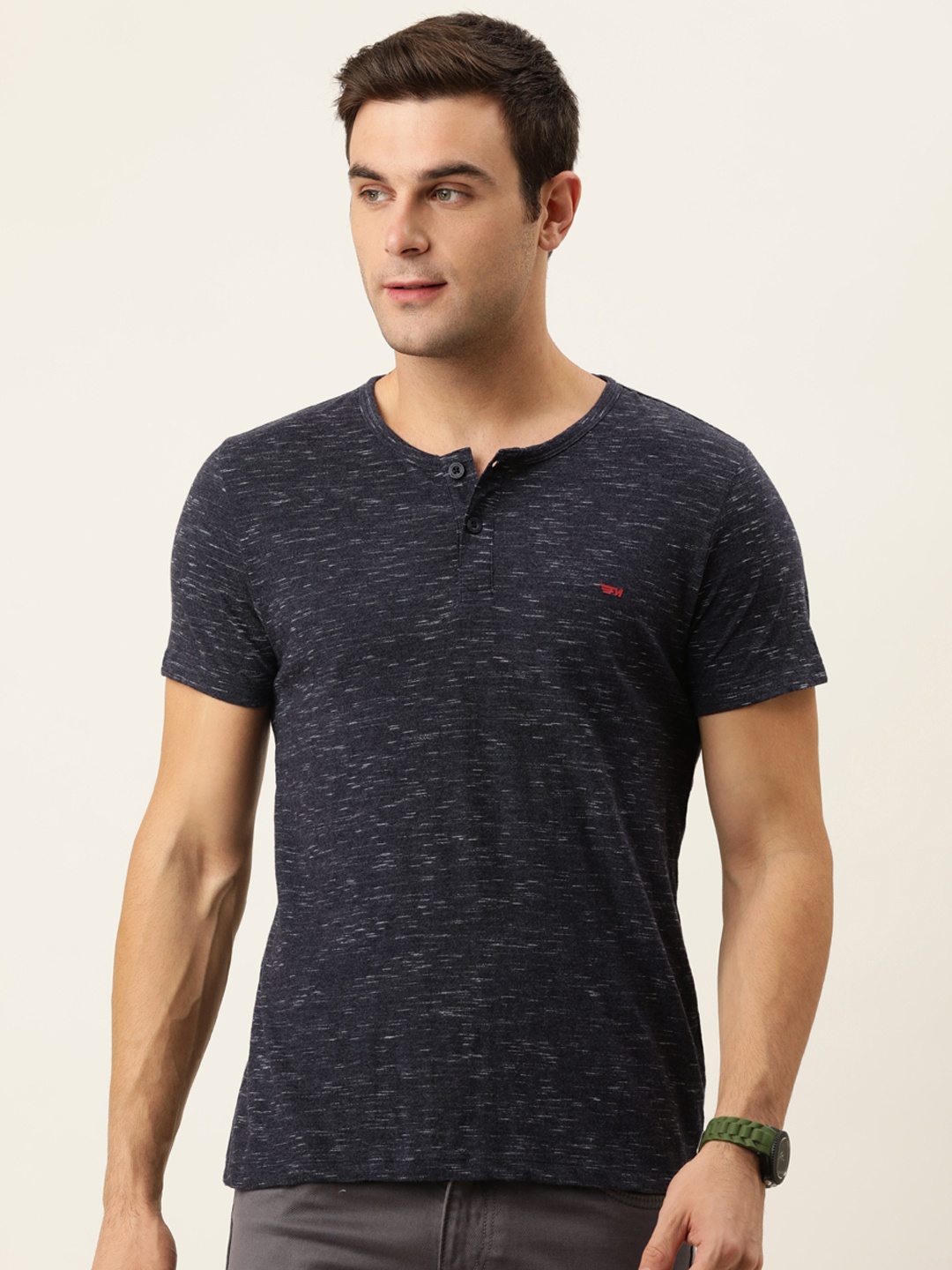 

Flying Machine Men Navy Blue Melange Henley Neck Slim Fit T-shirt