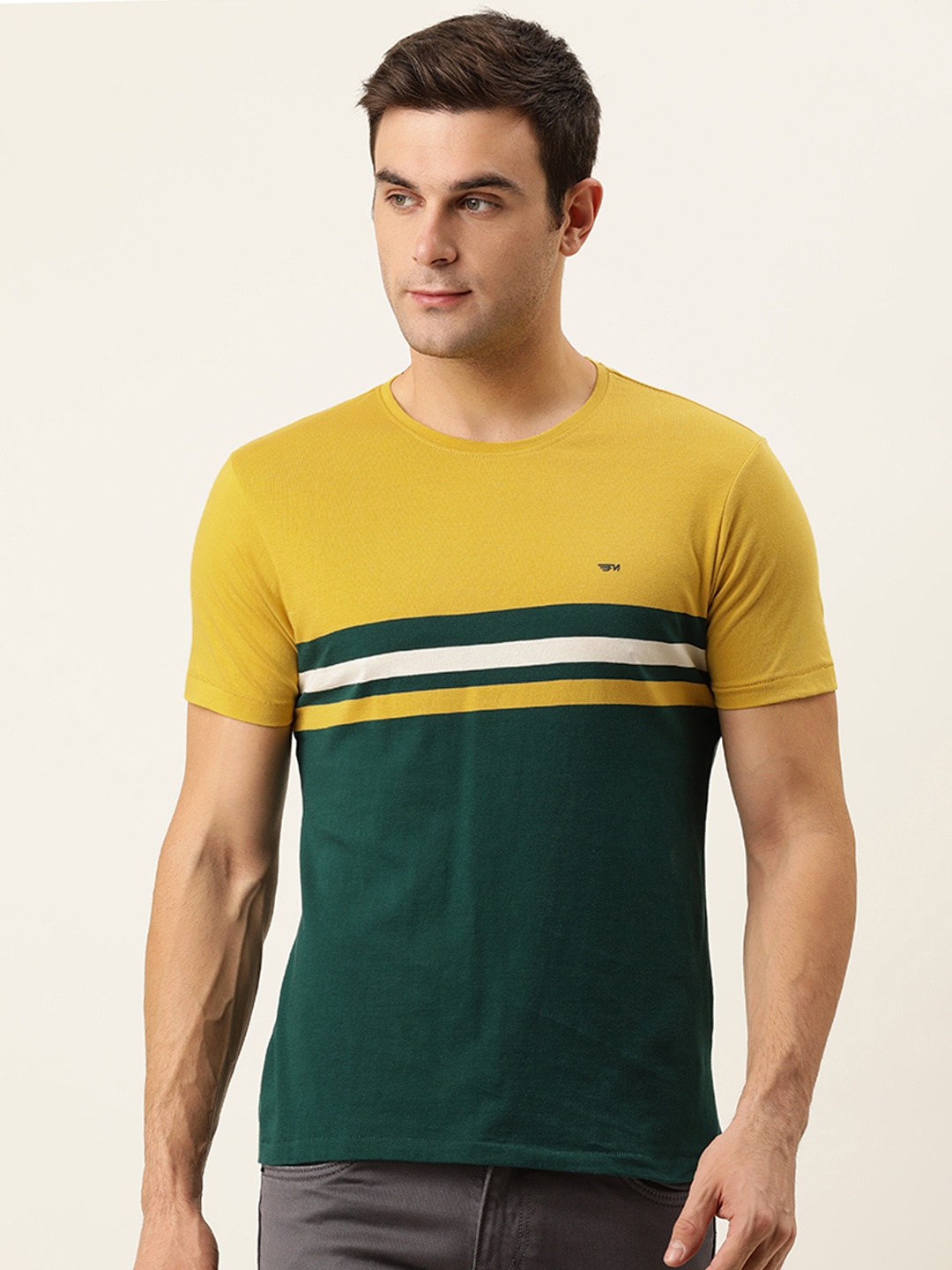 

Flying Machine Men Yellow & Green Colourblocked Pure Cotton T-shirt