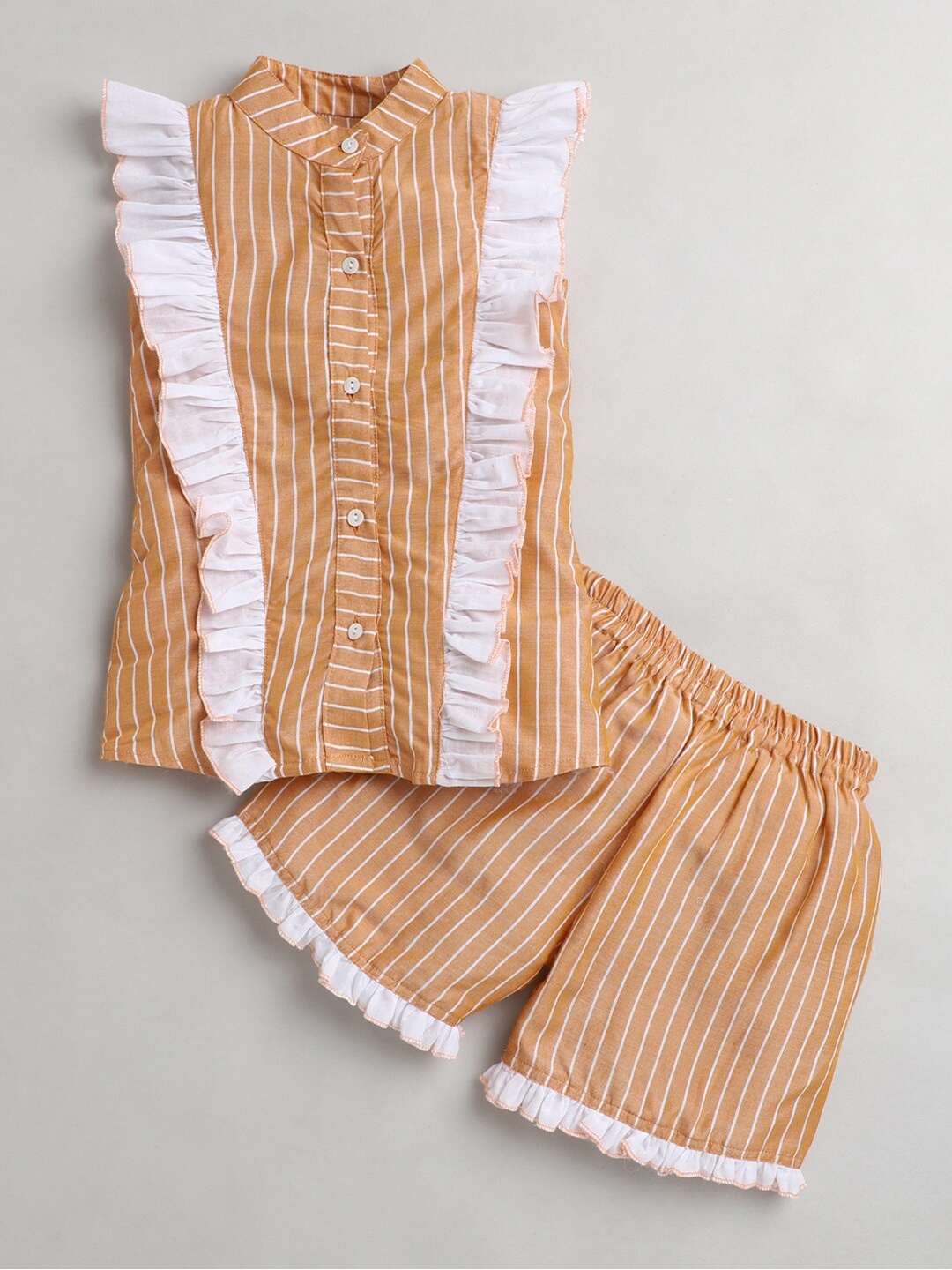 

Knitting Doodles Girls Mustard Yellow & White Striped Shirt with Shorts