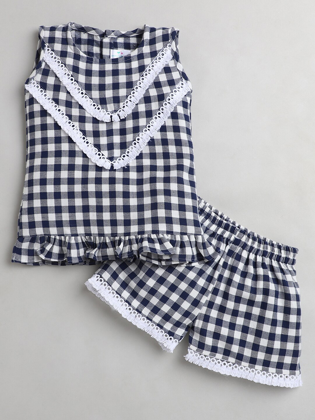 

Knitting Doodles Girls Blue & White Pure Cotton Checked Top with Shorts