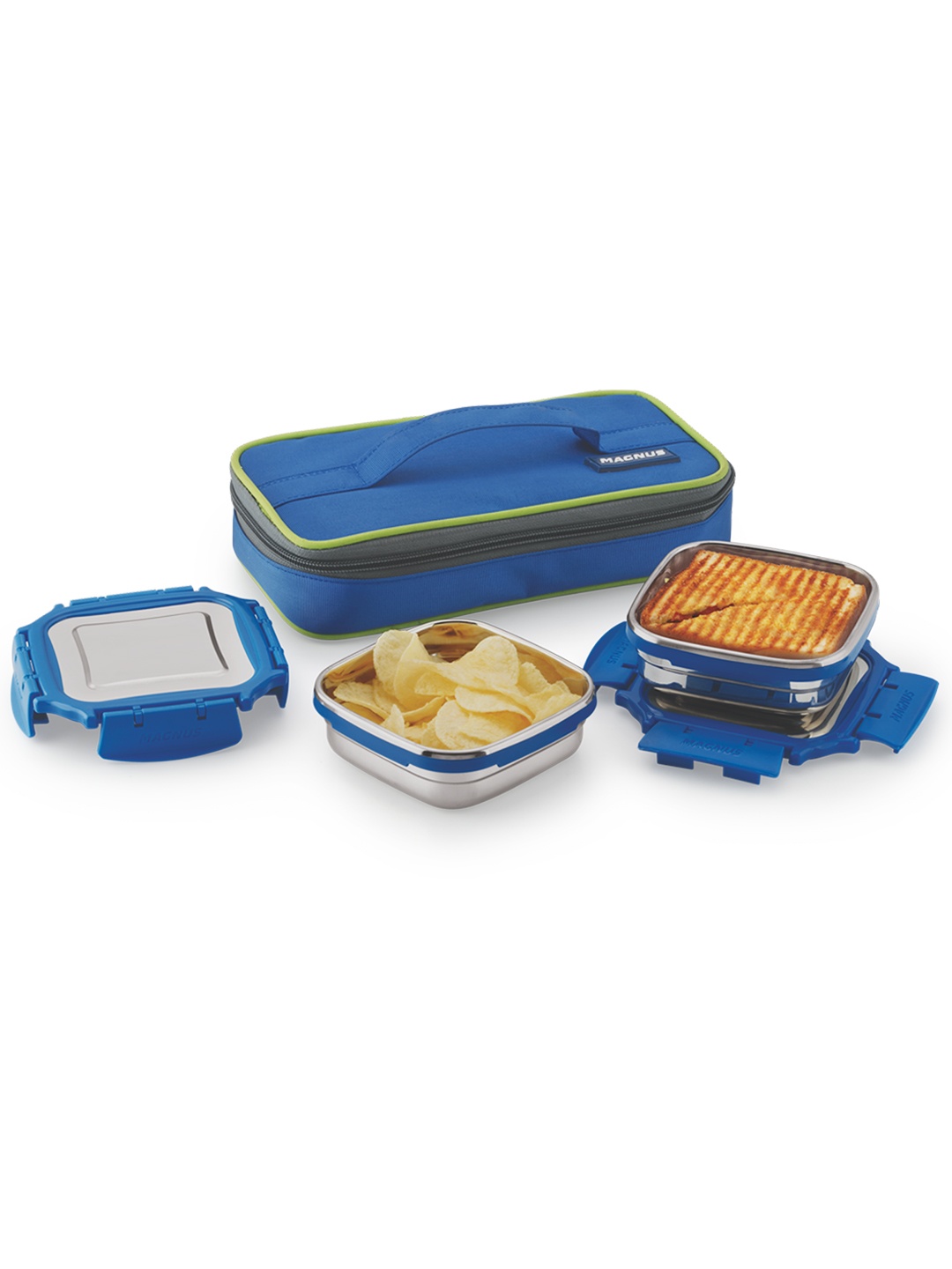 

MAGNUS Silver-Toned & Blue Airtight & Leakproof Stainless Steel Lunch Box Set