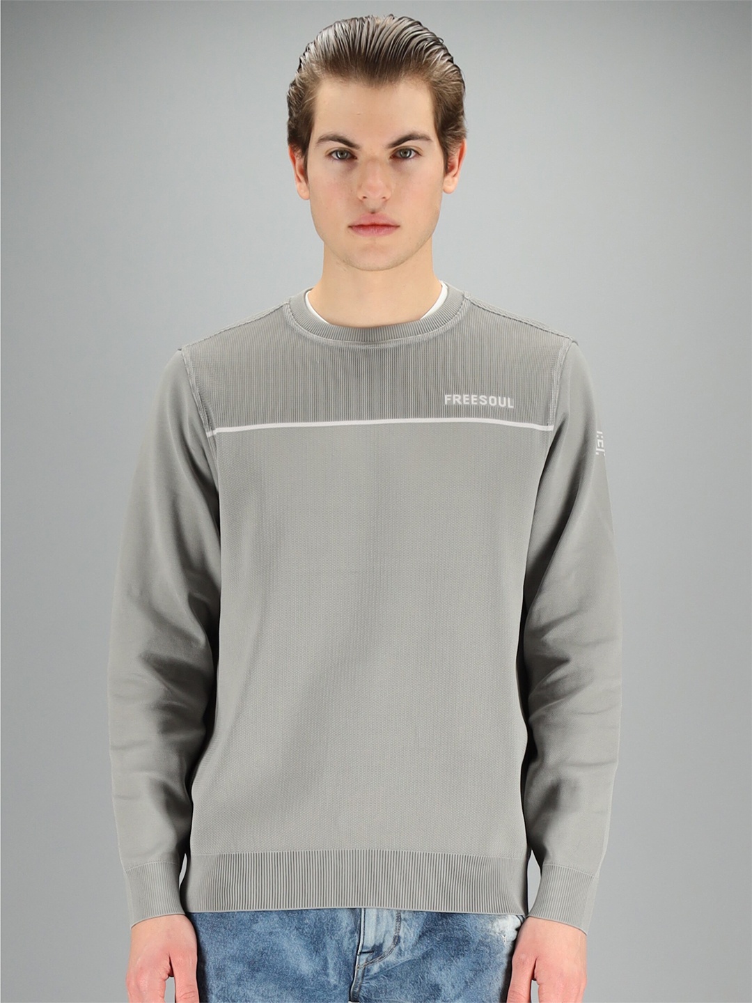 

FREESOUL Men Grey Solid Sweatshirt