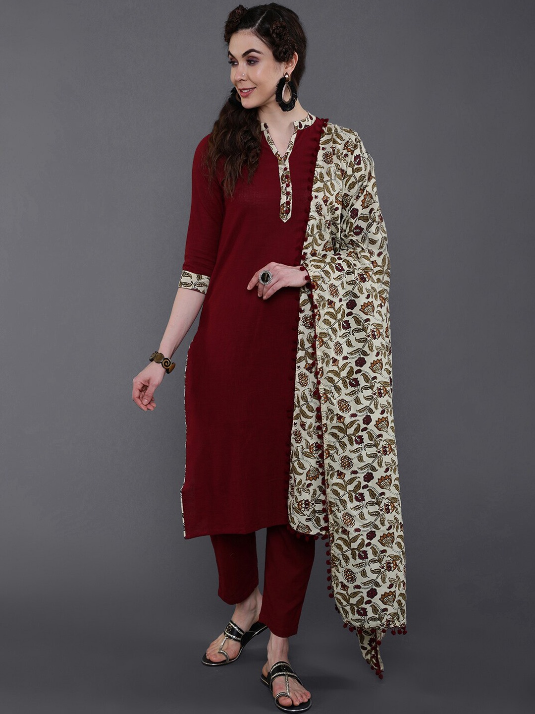 

saubhagya Women Maroon Printed Layered Pure Cotton Kurta with Trousers & With Dupatta