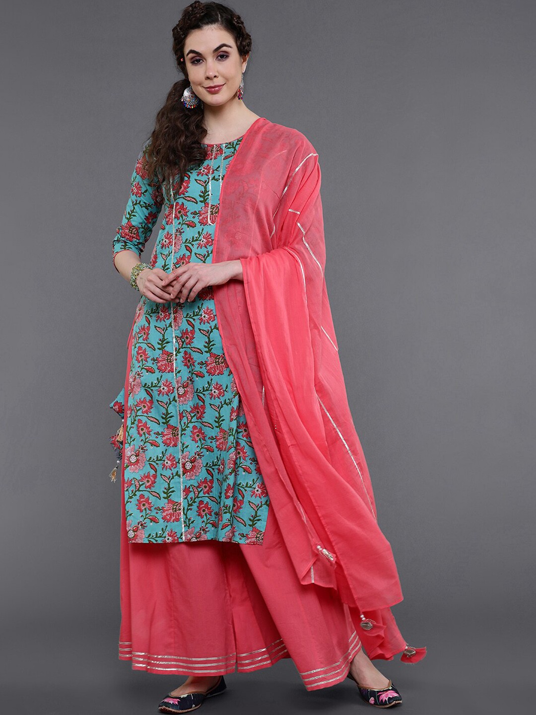

saubhagya Women Blue Floral Printed Pure Cotton Kurti with Palazzos & With Dupatta