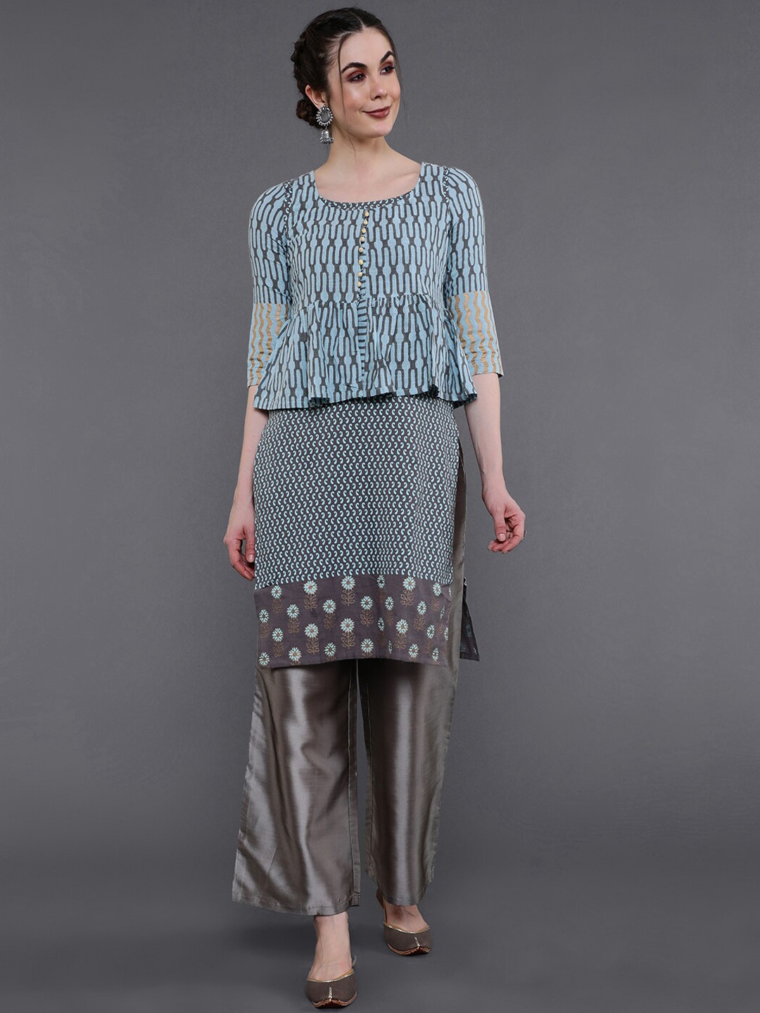 

saubhagya Women Grey Printed Mirror Work Kurta