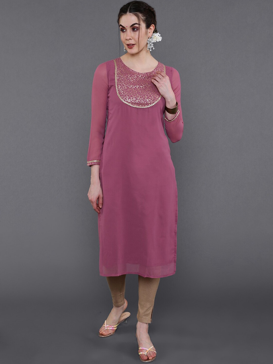 

saubhagya Women Mauve & Golden Floral Yoke Design Gotta Patti Georgette Kurta