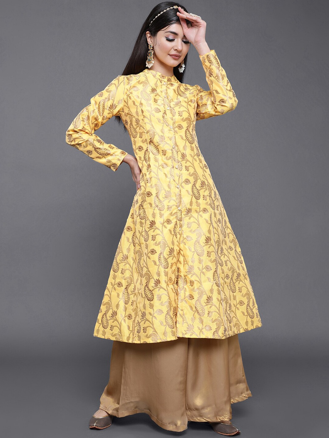 

saubhagya Women Yellow & Gold Jacquard Zari Work Button Down A-Line Kurta