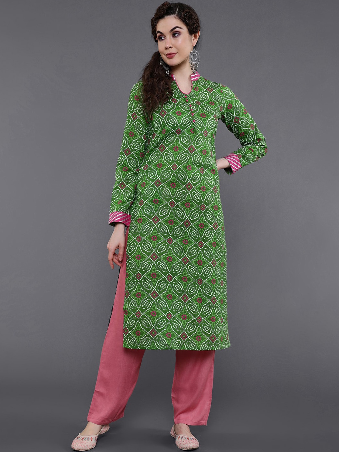 

saubhagya Women Green & White Bandhani Printed Kurta