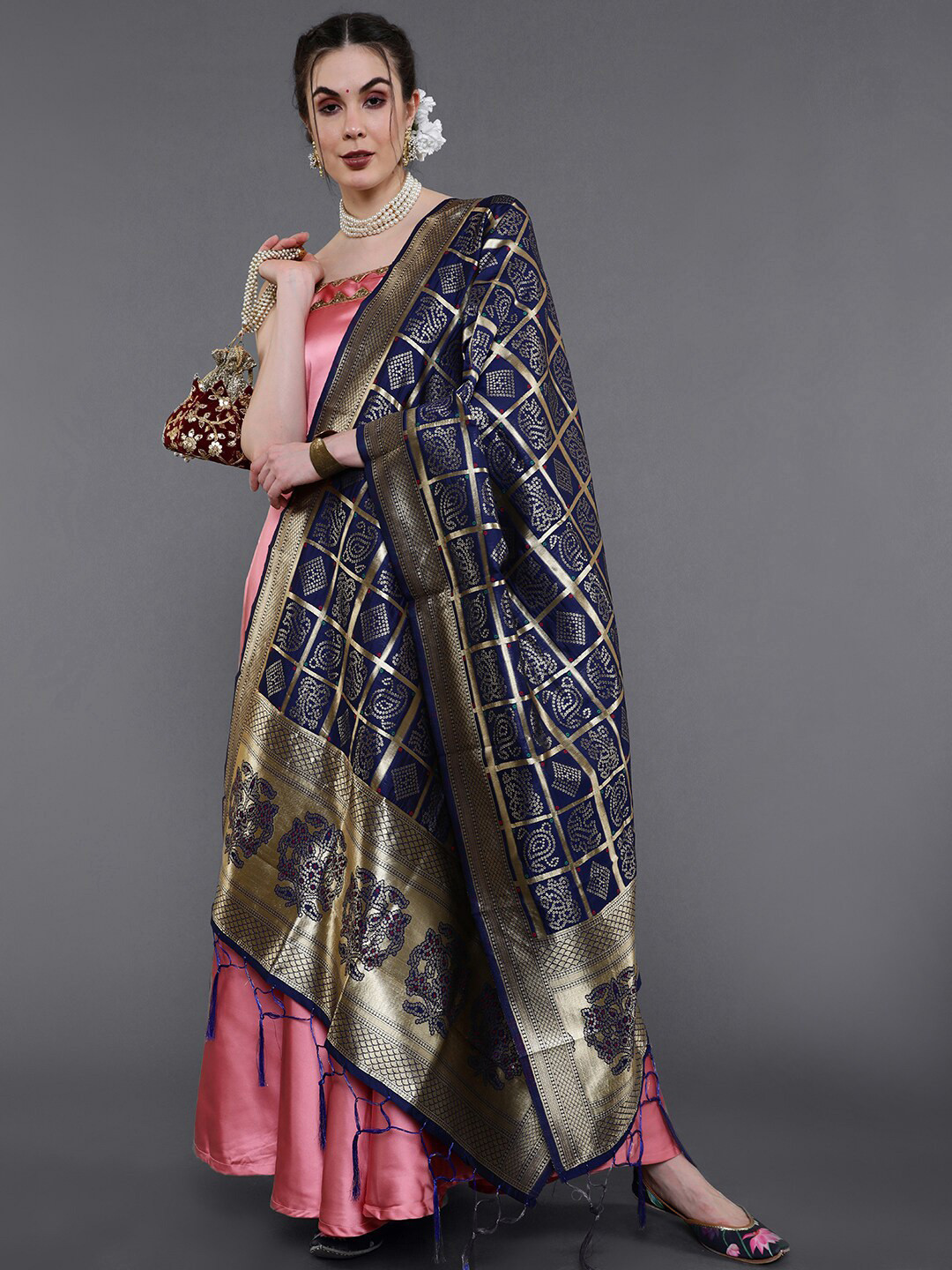 

saubhagya Navy Blue & Gold-Toned Ethnic Motifs Woven Design Dupatta with Zari