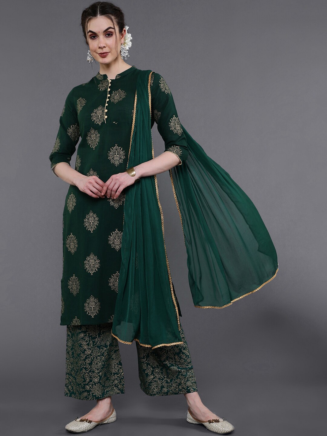

saubhagya Women Green Ethnic Motifs Printed Pure Cotton Kurta Palazzo With Dupatta