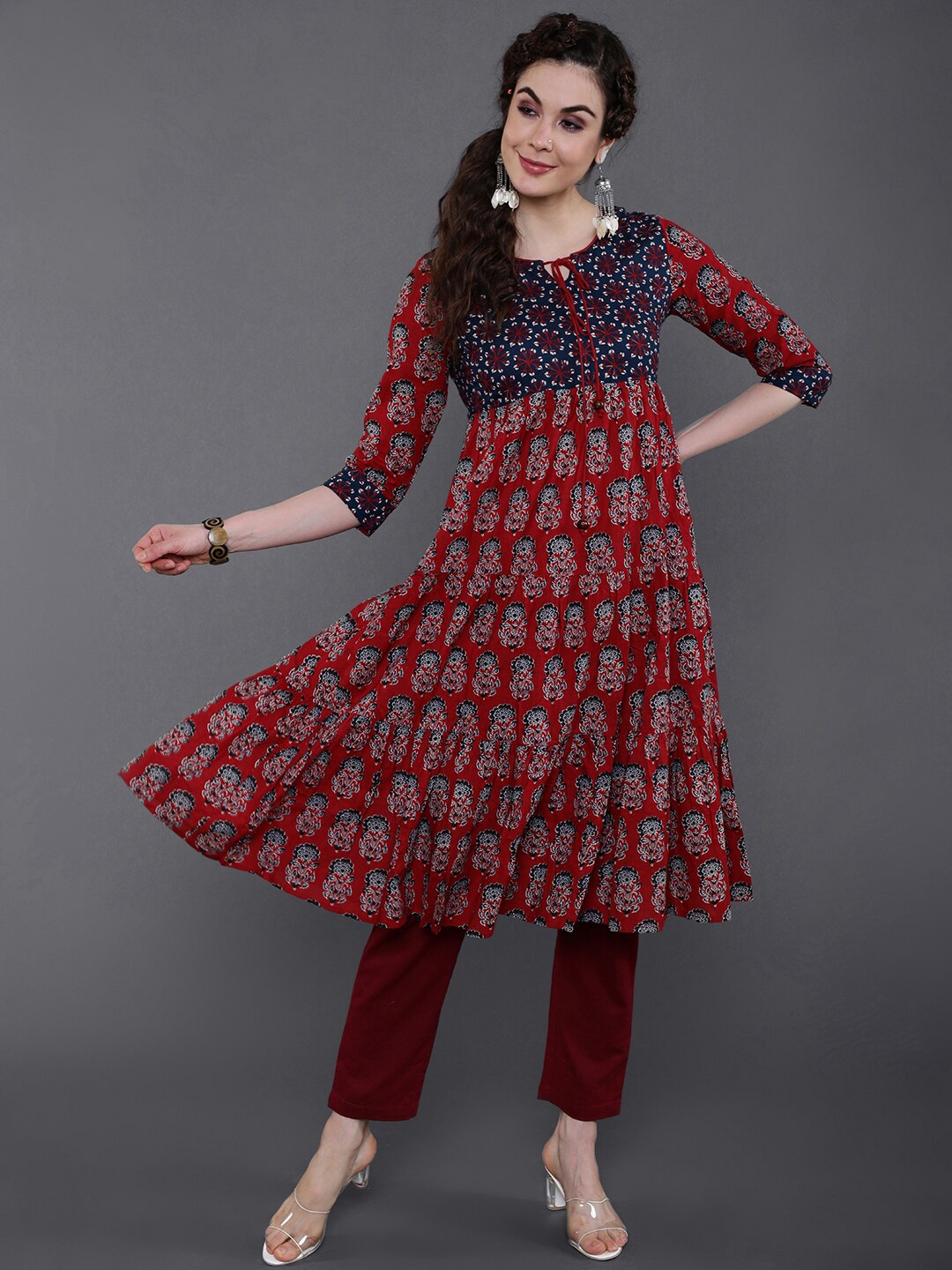 

saubhagya Women Maroon Ethnic Motifs Printed Cotton Midi Dress