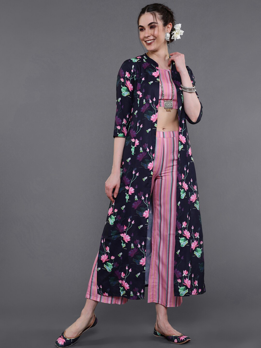 

saubhagya Women Pink Striped Top with Palazzos With Jacket