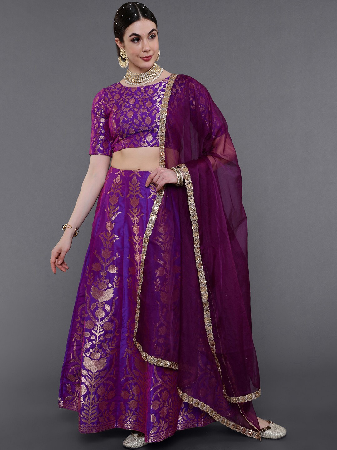 

saubhagya Purple & Gold-Toned Shibori Ready to Wear Lehenga & Blouse With Dupatta