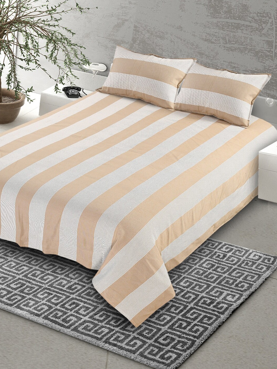 

Saral Home Beige & White Striped 160 TC King Bedsheet with 2 Pillow Covers