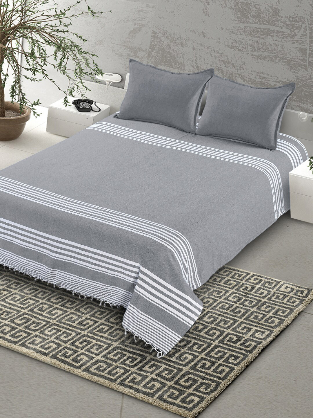 

Saral Home Grey & White Striped Cotton 160 TC King Bedsheet with 2 Pillow Covers