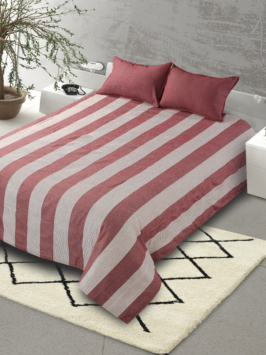 

Saral Home Maroon & Grey Striped 160 TC King Bedsheet with 2 Pillow Covers