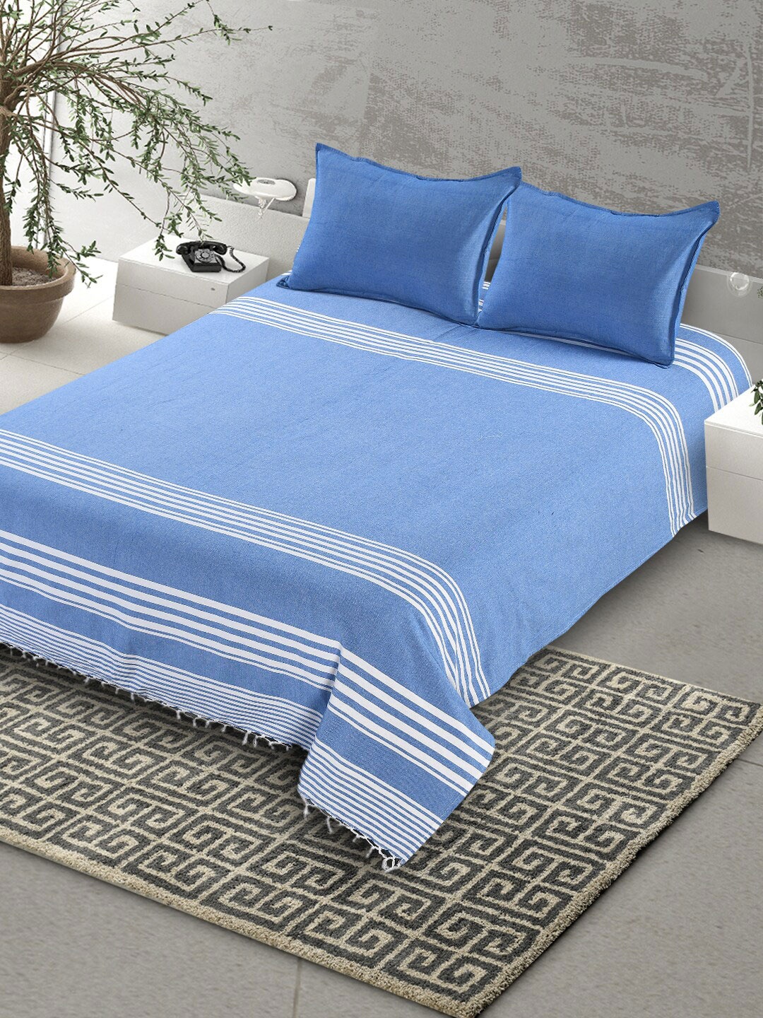 

Saral Home Blue & White Striped 160 TC King Bedsheet with 2 Pillow Covers