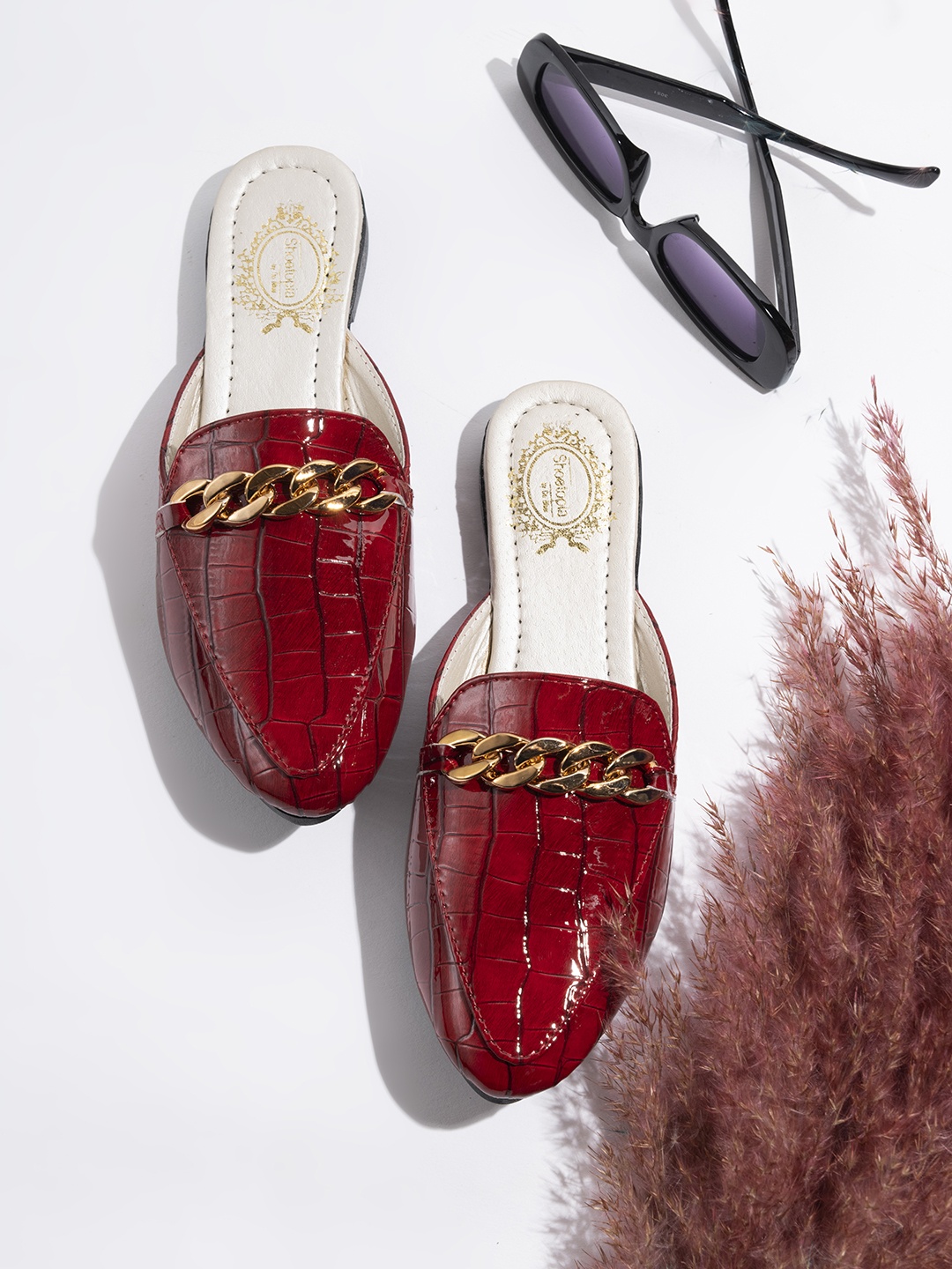 

Shoetopia Women Maroon Printed Mules with Buckles Flats