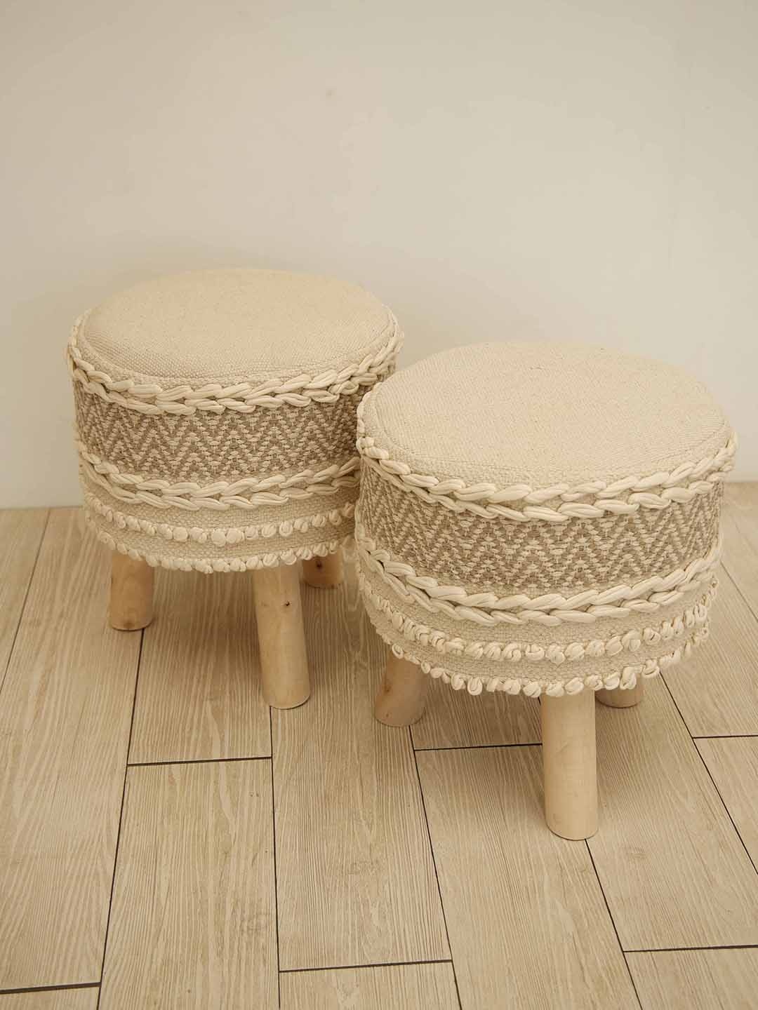 

Ariana Beige Woven Design Bohemian Ottomans with Braided Finish, Cream