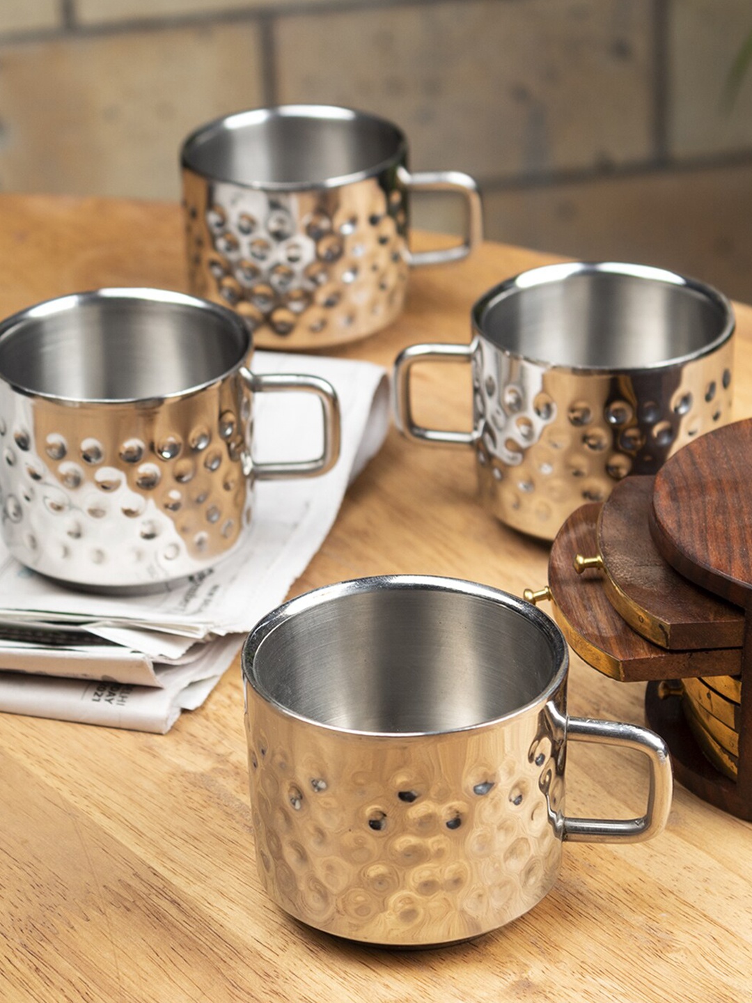 

MARKET99 Silver-Toned Textured Stainless Steel Glossy Mug and Bowl Set of Cups and Mugs