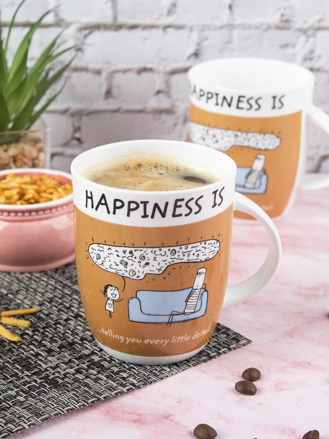 

MARKET99 Set of 2 Brown & White Printed Ceramic Mugs