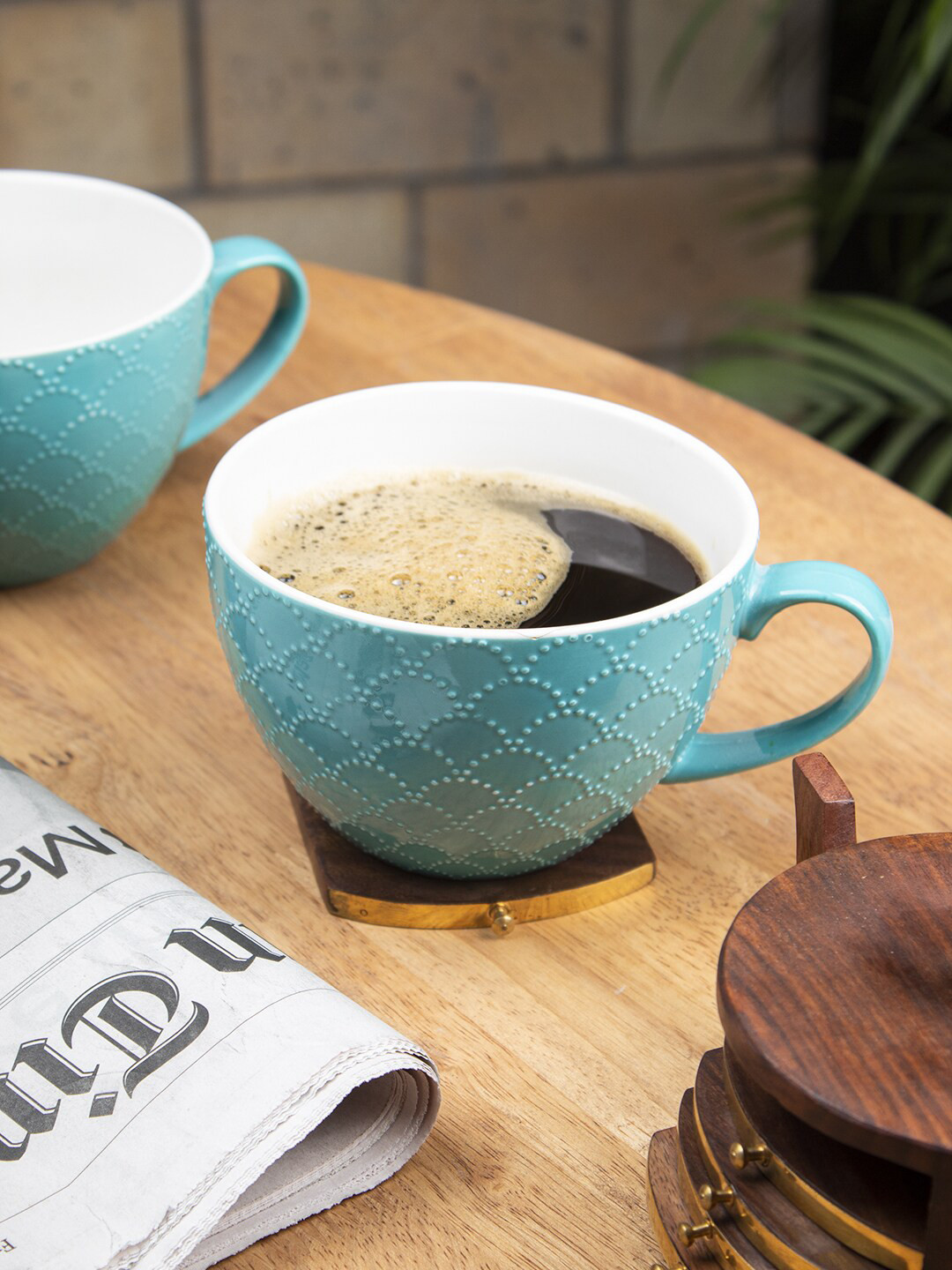 

MARKET99 Green & White Textured Ceramic Glossy Mug Set of 2