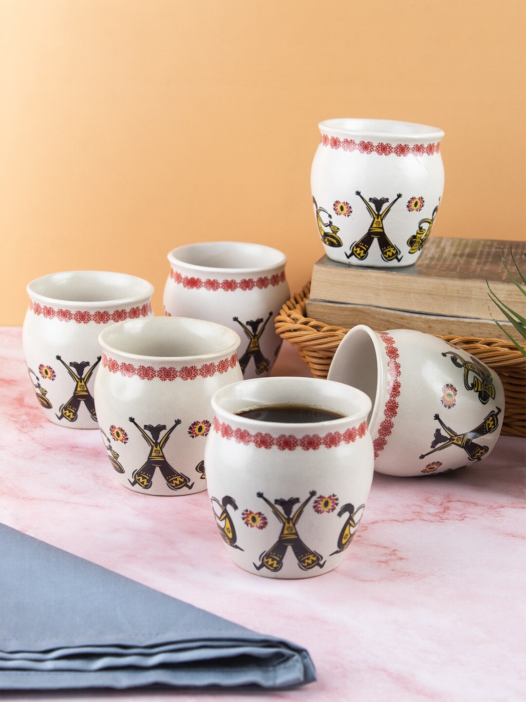 

MARKET99 White & Black Ethnic Motifs Printed Ceramic Glossy Kulladhs Set of Cups and Mugs