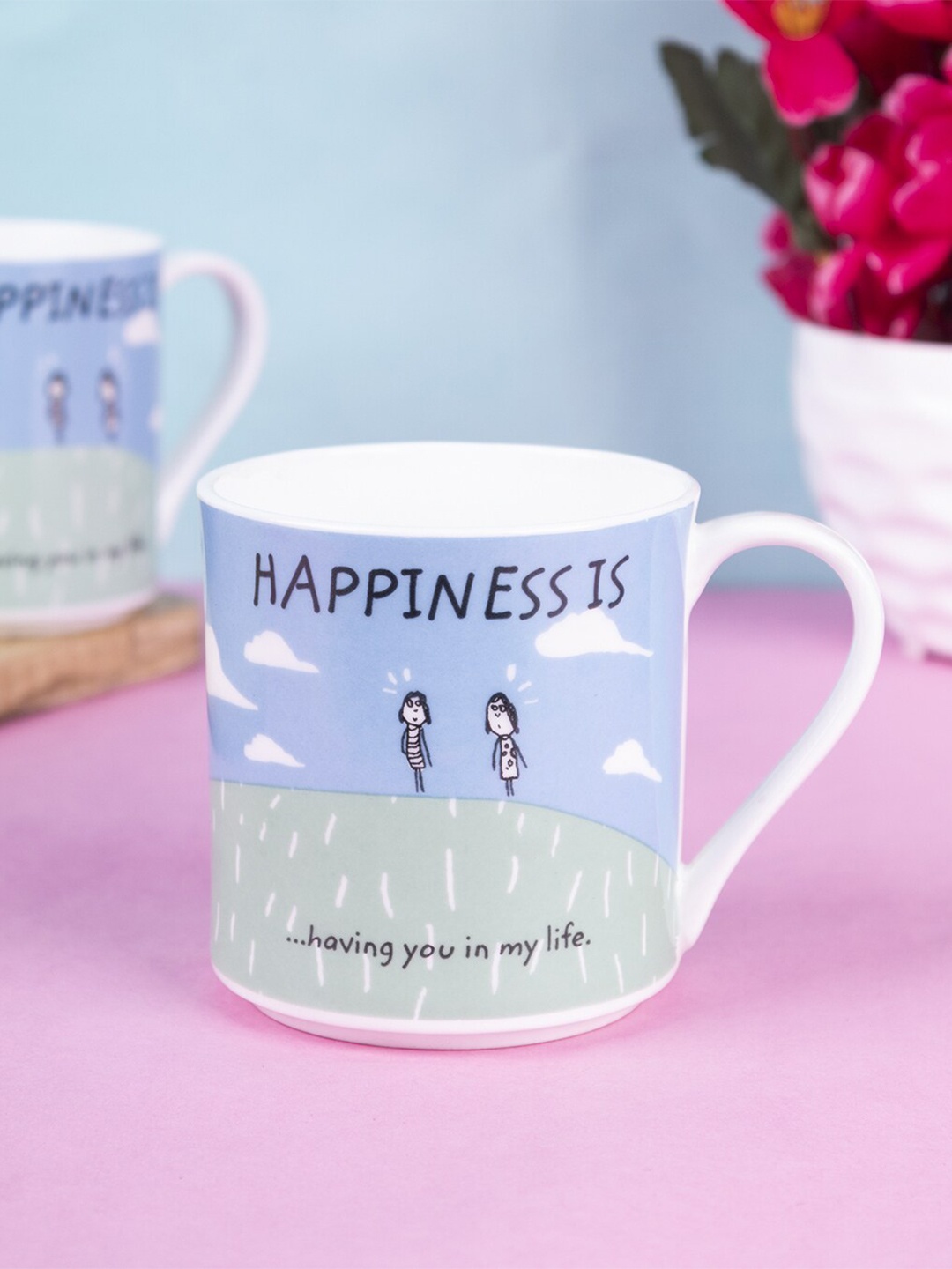 

MARKET99 Set of 2 Blue & White Printed Ceramic Glossy Mugs